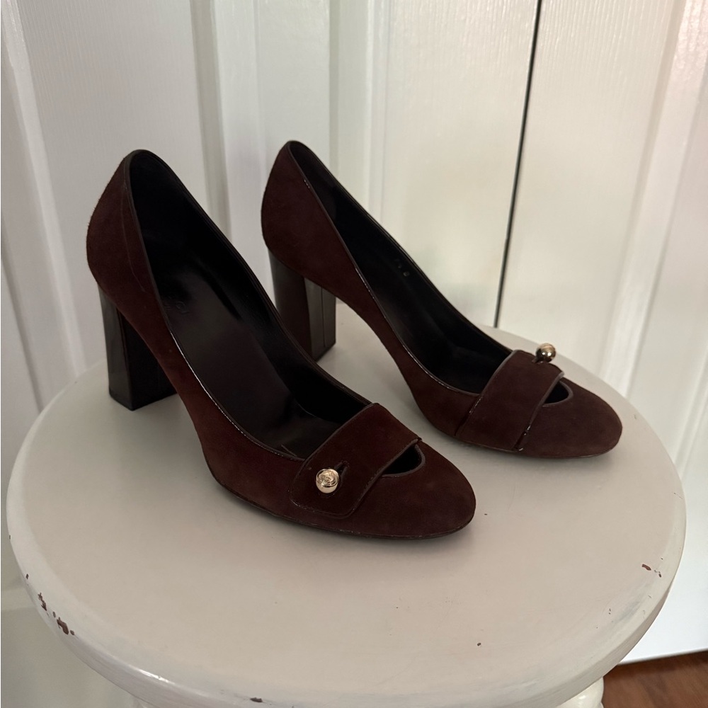 Vintage Gucci Brown Suede Block Heel Pump Loafers 7.5B Italy Classic 90s/2000s